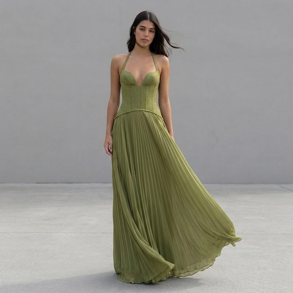 green pleated halter dress Pleated Halter Maxi Dress | Life of the Party Clothing