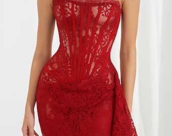 Lace Corset Mini Dress | Strapless Bodycon Party Dress