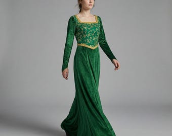 Women Princess Green Cosplay Dress | Medieval Fantasy Gown Costume | Long Sleeve Royal Party Outfit | Elegant Themed Event Wear