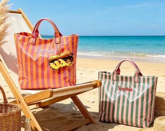 Bolsa de playa impermeable bordada personalizada, bolsa de PVC con inicial, bolsa de playa personalizada, recuerdo de despedida de soltera, bolsa de playa a rayas