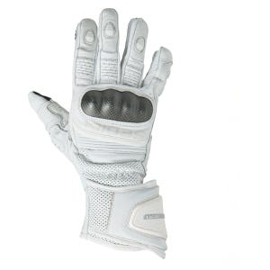 May include: A white leather motorcycle glove featuring a dark carbon fibre knuckle protector, perforated ventilation panels on the fingers and wrist, accordion stretch zones, and a reinforced gauntlet cuff with the Sedici brand logo visible.