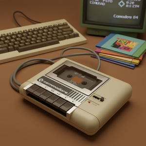Op de afbeelding: Een vintage Commodore 64-opstelling met een beige cassettespeler, een toetsenbord en een monitor. De cassettespeler heeft zwarte knoppen en een transparant venster. De monitor geeft tekst en afbeeldingen weer. Er is ook een stapel kleurrijke spelcartridges aanwezig.