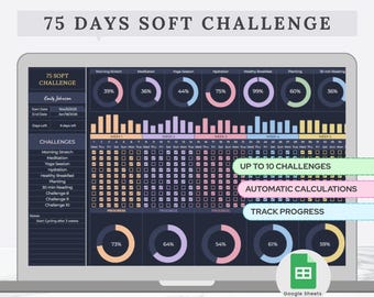 75 Soft Challenge Spreadsheet Planner Google Sheets Template Health & Fitness Goals Daily Habit Tracker Dark Theme