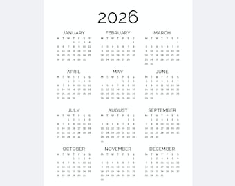 2026 Yearly Calendar Printable One Page | Full Year at a Glance Minimalist PDF | Monday & Sunday Start A4, US Letter, Tabloid, A3 Calendar