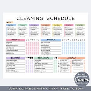 Puede incluir: Un colorido calendario de limpieza con secciones para tareas semanales, diarias, mensuales, trimestrales, semestrales y anuales. El calendario incluye tareas como aspirar, lavar los platos y organizar, con un logotipo de Canva.