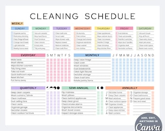 Editable Cleaning Schedule Checklist Planner ADHD Printable PDF Canva Template Daily Weekly Household Chores Chart List
