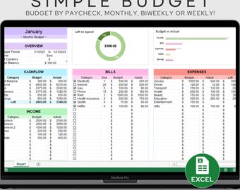 Monthly Budget Excel Spreadsheet | Simple Excel Budget Template | Paycheck & Personal Finance Tracker | Editable Budget Planner