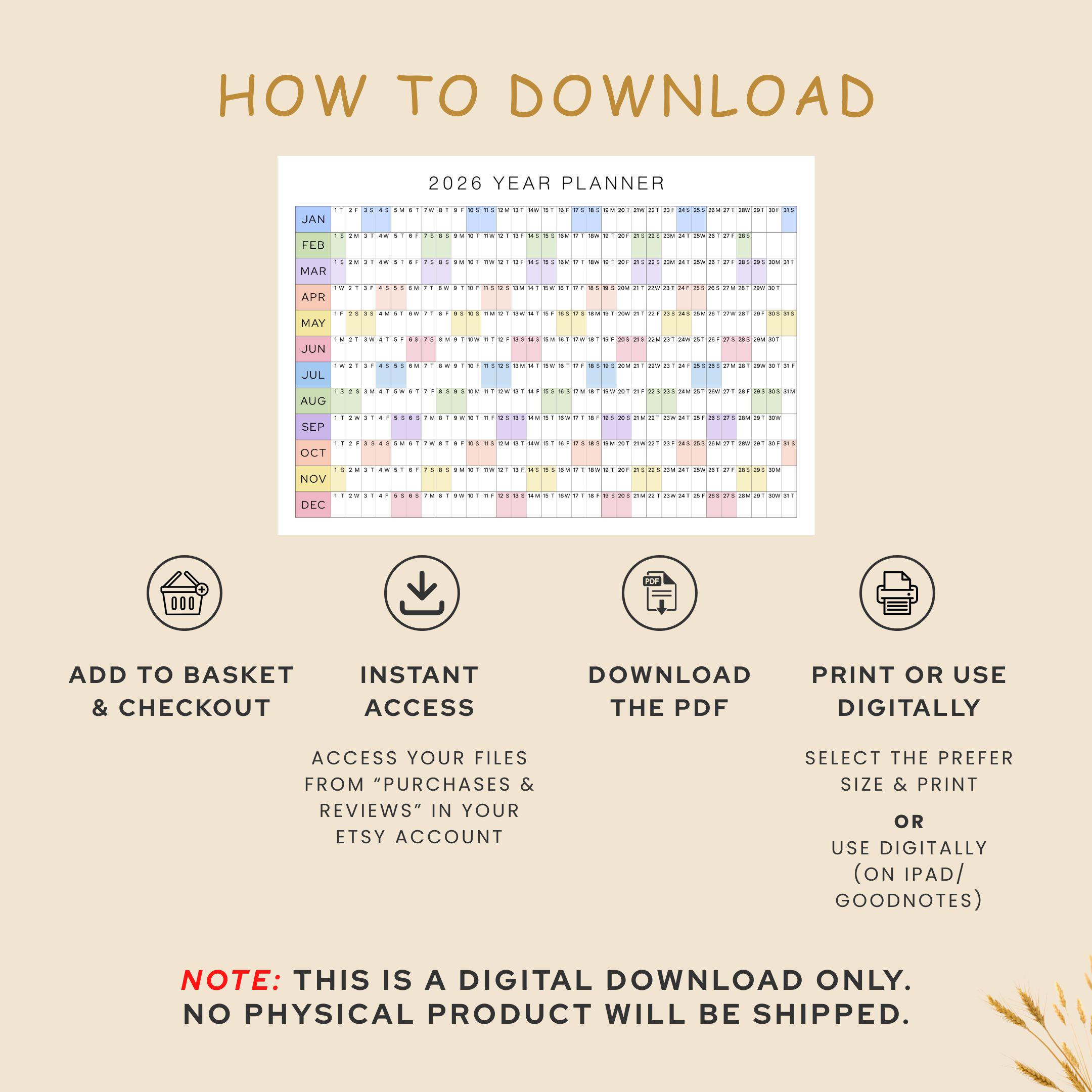 2026 Year Planner Printable One Page | Large Wall Calendar Year at a ...