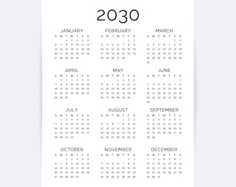 2030 Yearly Calendar Printable One Page | Full Year at a Glance Minimalist PDF | Monday & Sunday Start A4, US Letter, Tabloid, A3 Calendar