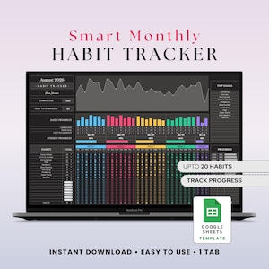May include: A laptop screen displays a "Smart Monthly Habit Tracker" template. The screen shows a habit tracking chart with colorful progress bars, a graph, and the text "Up to 20 Habits" and "Track Progress". The Google Sheets template is easy to use.