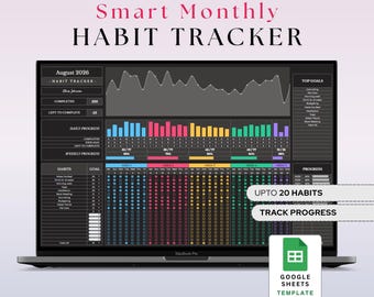 Monthly Habit Tracker Spreadsheet Template | Daily Routine Habits Goal Planner | Dark Mode Productivity Planner Google Sheets Dashboard