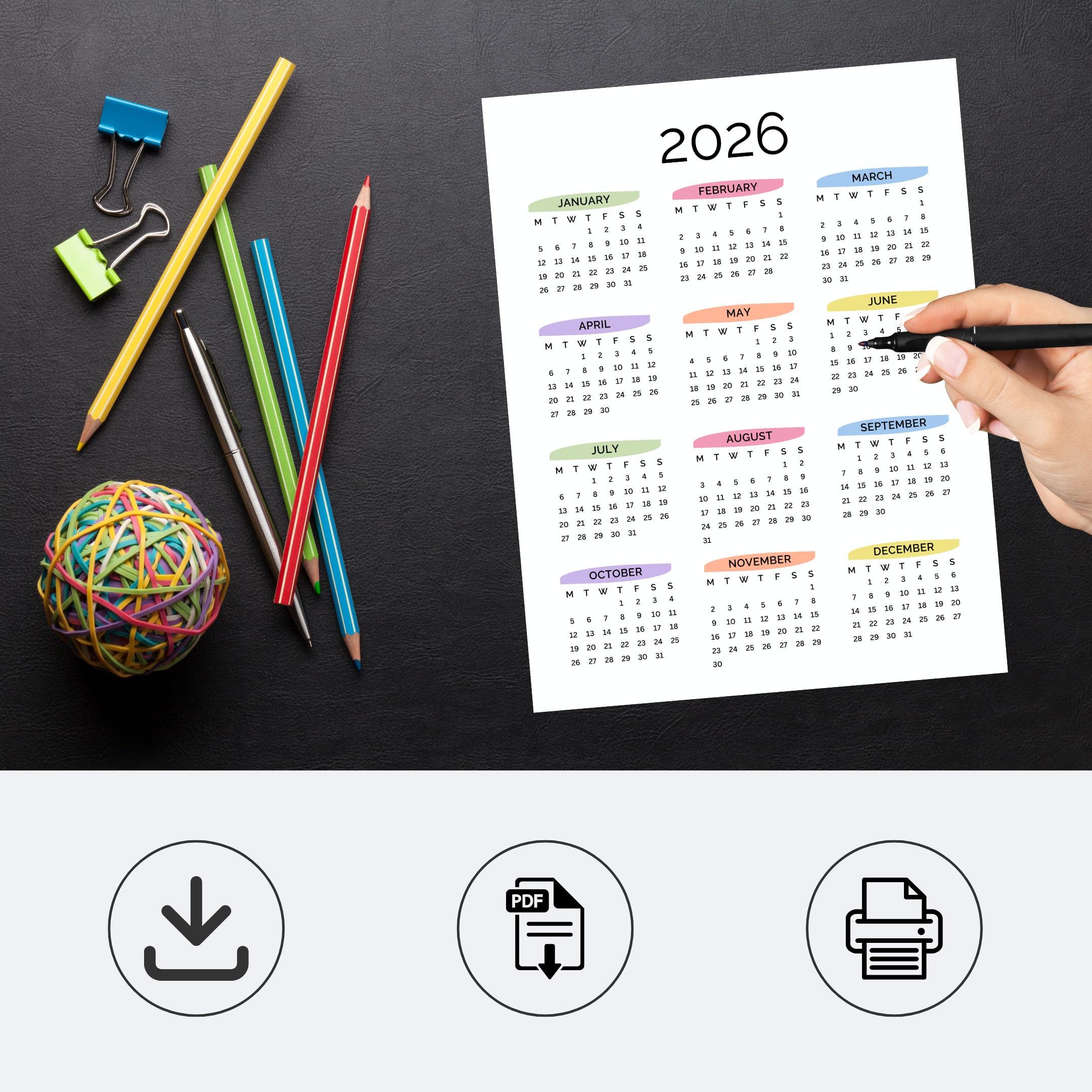 2026 Yearly Calendar Printable One Page | Full Year at a Glance ...