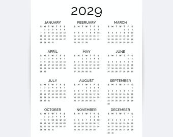 2029 Yearly Calendar Printable One Page | Full Year at a Glance Minimalist PDF | Monday & Sunday Start A4, US Letter, Tabloid, A3 Calendar