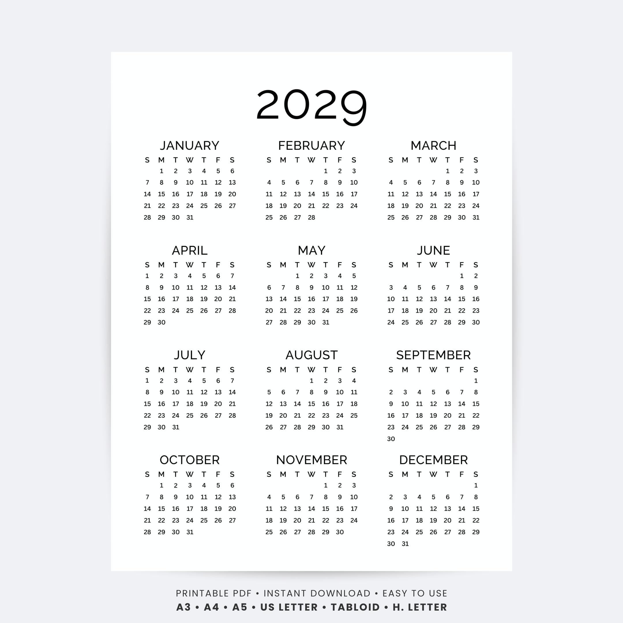 2029 Yearly Calendar Printable One Page | Full Year at a Glance ...