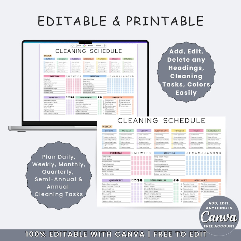 Editable Cleaning Schedule Checklist Planner ADHD Printable PDF Canva ...