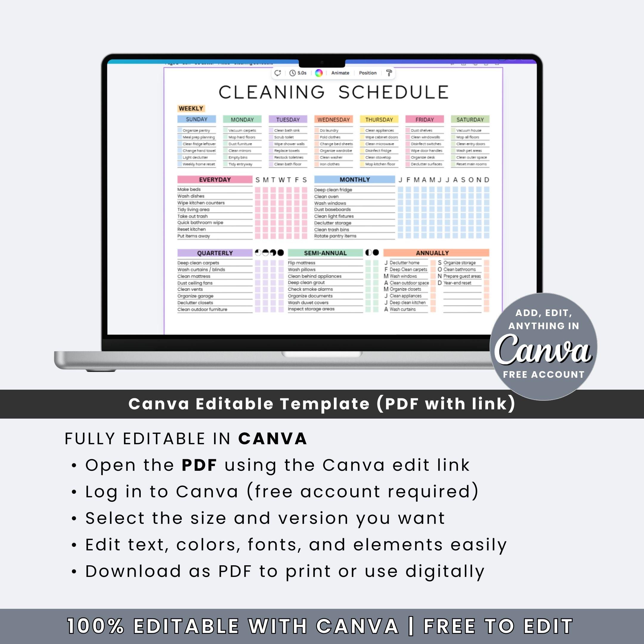 Editable Cleaning Schedule Checklist Planner ADHD Printable PDF Canva ...