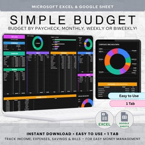 Budget Planner Excel Google Sheets Budget Monthly Spreadsheet Weekly Expense Tracker Biweekly Paycheck Budgeting Dark Mode Templates