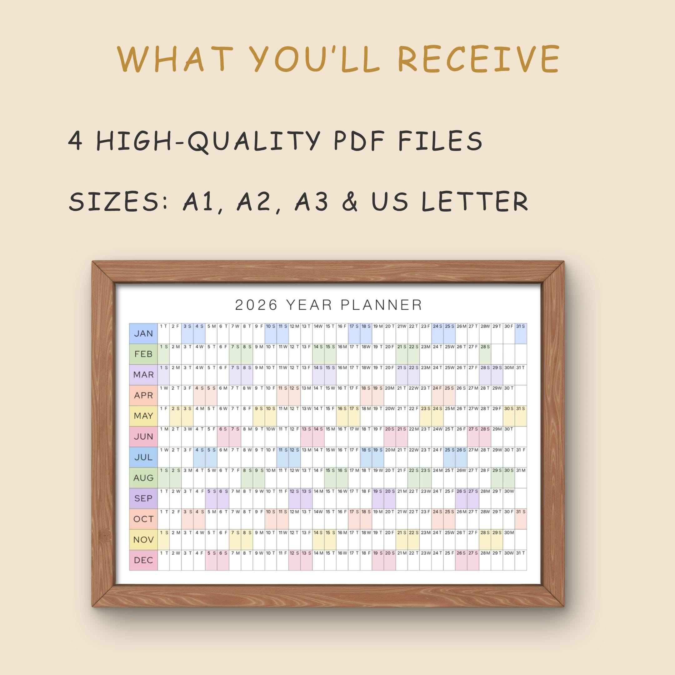 2026 Year Planner Printable One Page | Large Wall Calendar Year at a ...