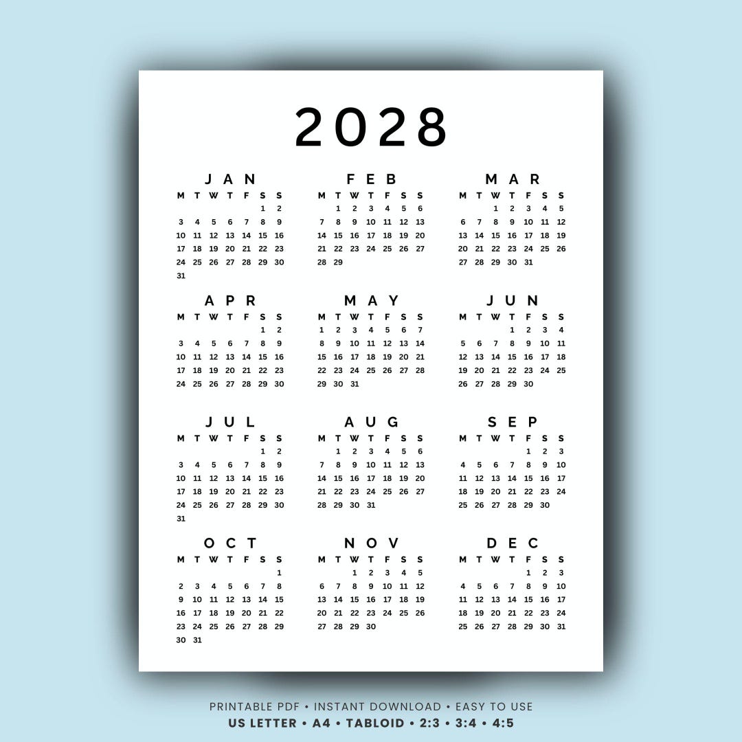 2028 Calendar Printable Full Year at a Glance | Sunday & Monday Start ...