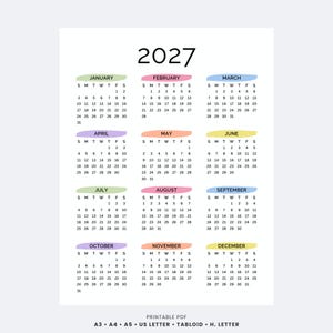 May include: A 2027 calendar with each month displayed in a grid format. Months are color-coded with pastel hues. The calendar includes the text "PRINTABLE PDF" and paper size options.