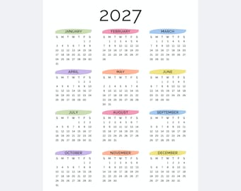 2027 Yearly Calendar Printable One Page | Full Year at a Glance Minimalist PDF | Monday & Sunday Start A4, Letter, Tabloid, A3 Wall Calendar