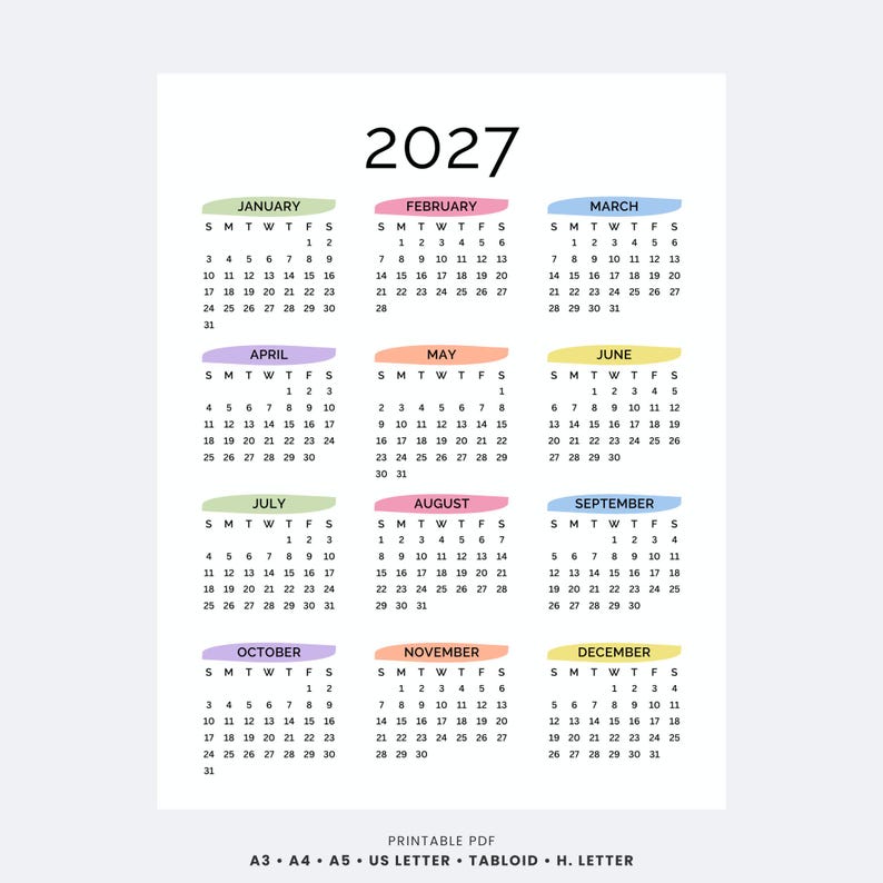 2027 Yearly Calendar Printable One Page | Full Year at a Glance