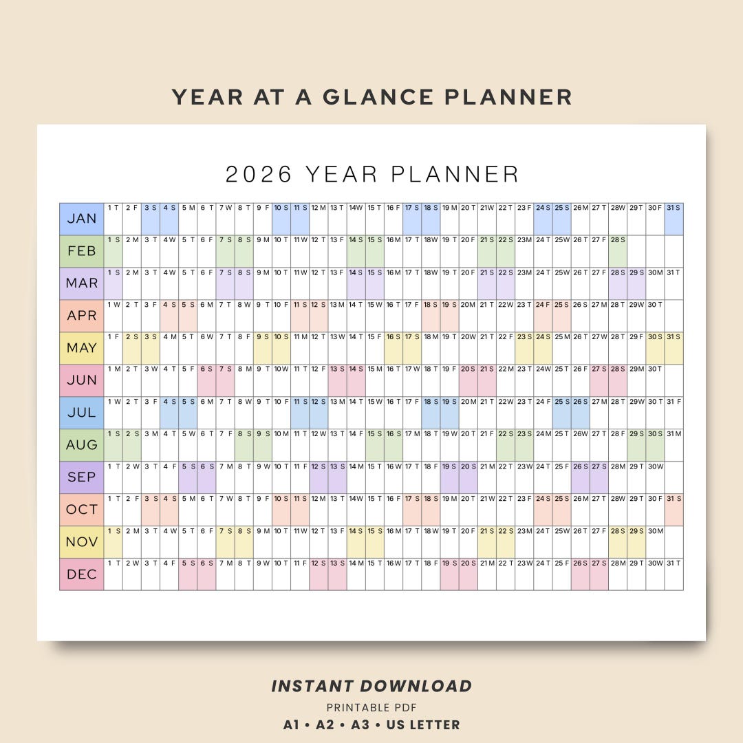 2026 Year Planner Printable One Page | Large Wall Calendar Year at a