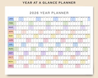 2026 Year Planner Printable One Page | Large Wall Calendar Year at a Glance | Full Year 12 Month Planner PDF A1 A2 A3 Letter