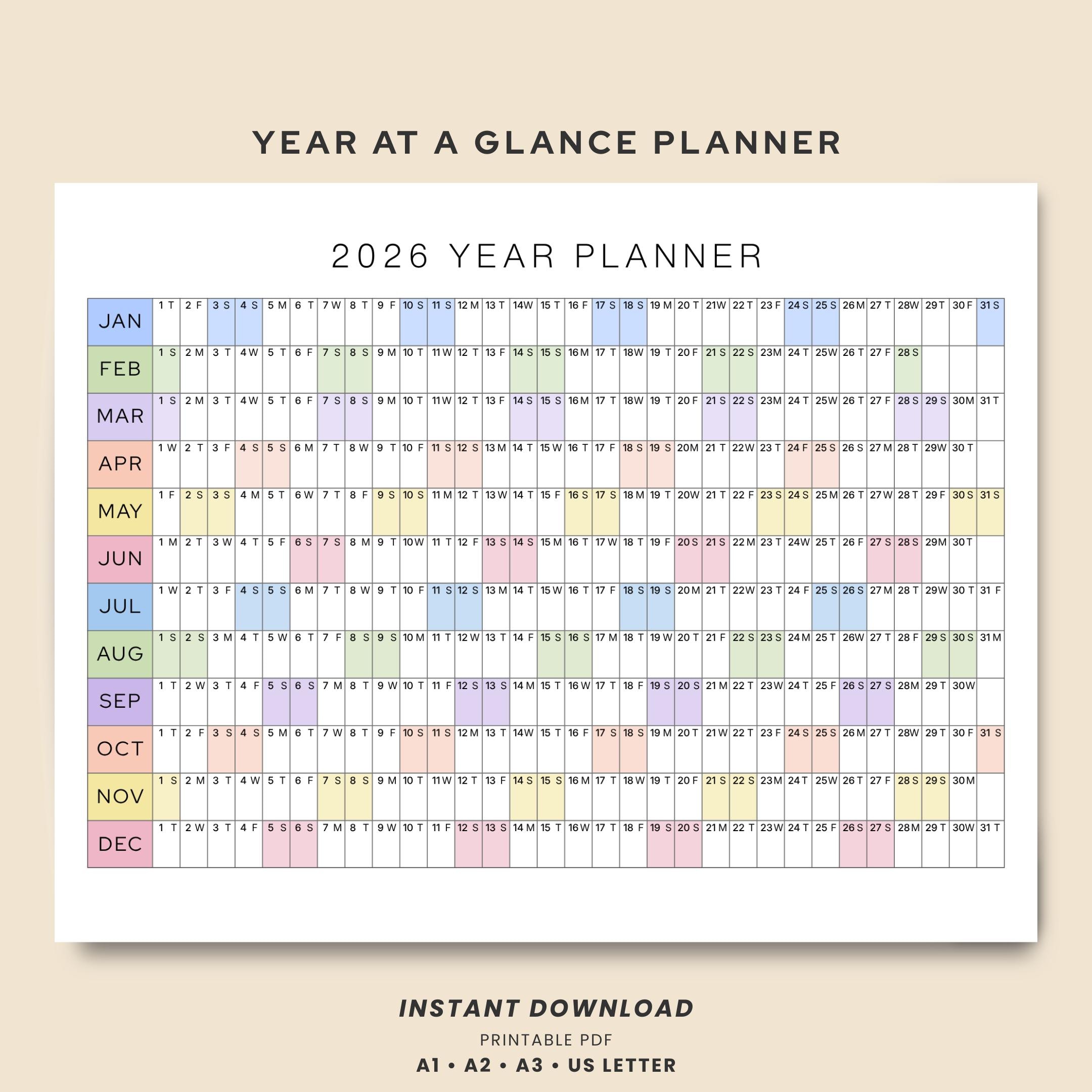 2026 Year Planner Printable One Page | Large Wall Calendar Year at a ...