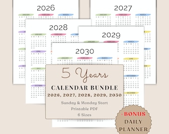 2026–2030 Yearly Calendar Bundle Printable | 5 Year One Page Wall Calendar | Full Year at a Glance Minimalist PDF | 2026 2027 2028 2029 2030