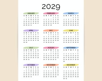 2029 Yearly Calendar Printable One Page | Minimalist Full Year at a Glance (PDF Download)