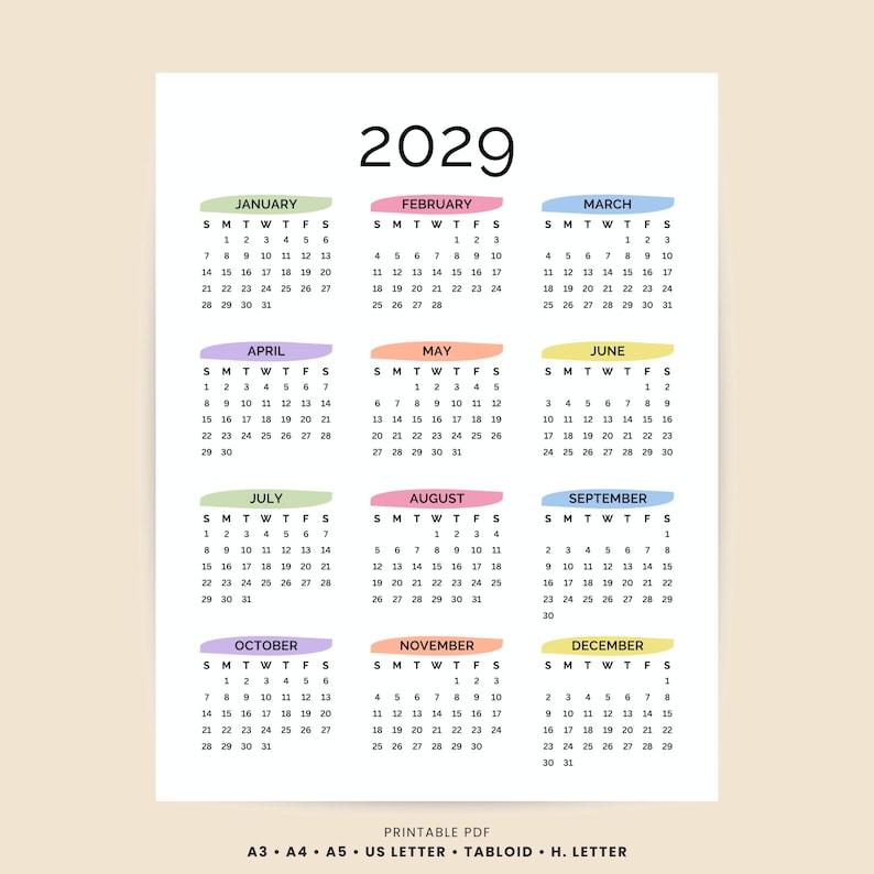 2029 Yearly Calendar Printable One Page | Minimalist Full Year at a ...