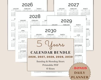 2026–2030 Yearly Calendar Printable Bundle | 5 Year One Page Wall Calendar | Full Year at a Glance Minimalist PDF | 2026 2027 2028 2029 2030