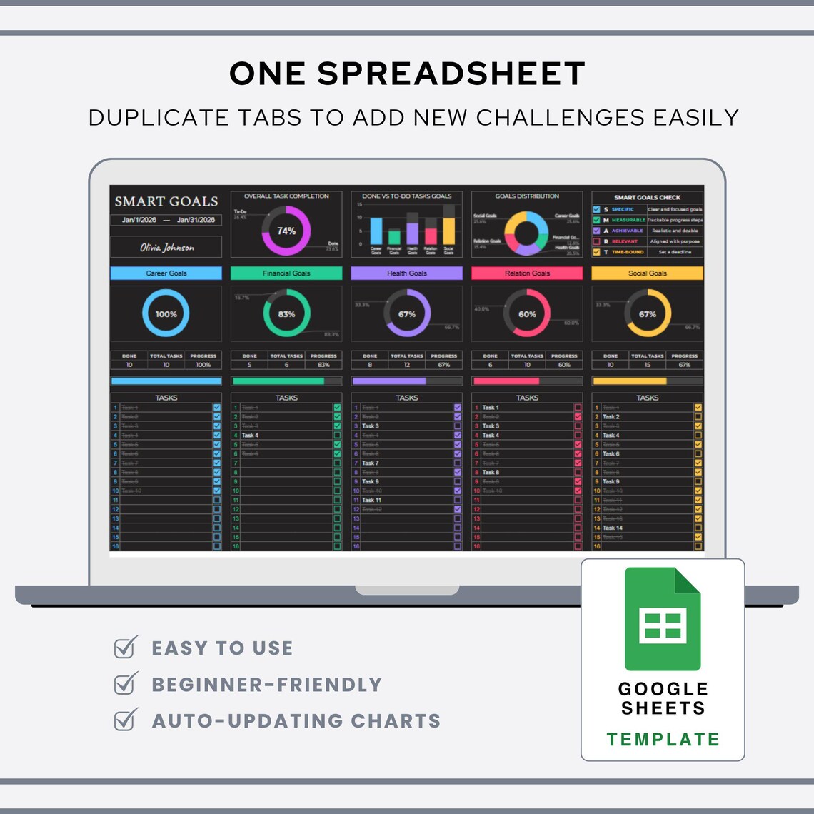 SMART Goal Planner Spreadsheet Dark Mode | Goal Tracker Google Sheets ...