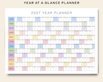 2027 Yearly Calendar Printable One Page | Full Year at a Glance Minimalist PDF | Large Wall Calendar 12 Month Planner PDF A1 A2 A3 Letter