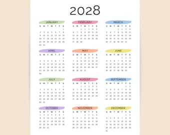 2028 Yearly Calendar Printable One Page | Minimalist Full Year at a Glance (PDF Download)