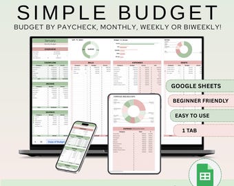 Monthly Budget Planner Google Sheets Budget Spreadsheet Simple Paycheck Budget Template Expense Tracker Beginner Budgeting Financial Planner