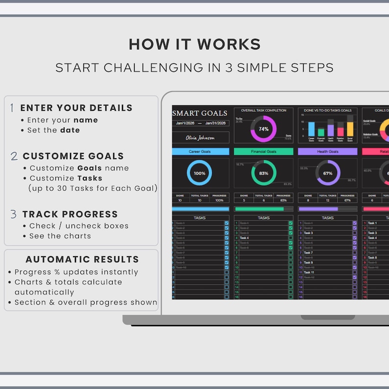 SMART Goal Planner Spreadsheet Dark Mode | Goal Tracker Google Sheets ...