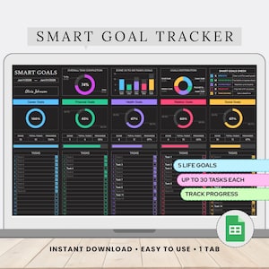May include: A digital smart goal tracker displayed on a laptop screen. The tracker features sections for career, financial, health, and social goals, with progress indicators. Text includes "Smart Goal Tracker", "5 Life Goals", "Up to 30 Tasks Each", and "Track Progress".