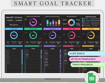 SMART Goal Planner Spreadsheet Dark Mode | Goal Tracker Google Sheets | Digital Goals Setting & Productivity Planner