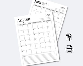 2026 Monthly Calendar Printable Planner | 12 Month Wall Calendars PDF | Minimalist A4 US Letter Instant Download