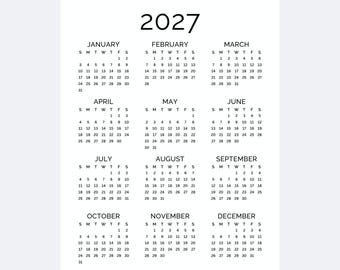 2027 Yearly Calendar Printable One Page | Full Year at a Glance Minimalist PDF | Monday & Sunday Start A4, US Letter, Tabloid, A3 Calendar