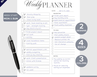 Printable Minimalist Weekly Planner Bundle, Black, Blue and Pink PDF (Digital Download)