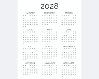 2028 Yearly Calendar Printable One Page | Full Year at a Glance Minimalist PDF | Monday & Sunday Start A4, US Letter, Tabloid, A3 Calendar