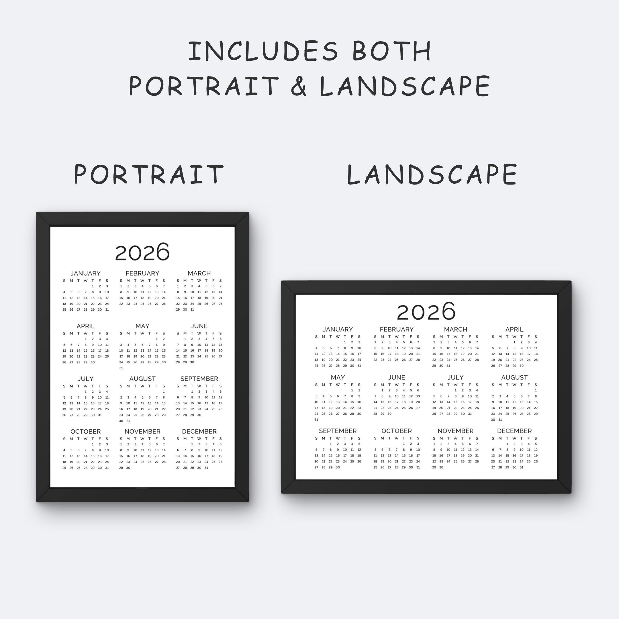 2026 Yearly Calendar Printable One Page | Full Year at a Glance ...