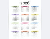 2026 Yearly Calendar Printable One Page | Full Year at a Glance Minimalist PDF | Monday & Sunday Start A4, Letter, Tabloid, A3 Wall Calendar