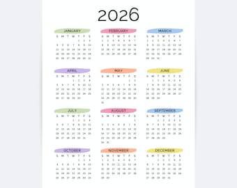 2026 Yearly Calendar Printable One Page | Full Year at a Glance Minimalist PDF | Monday & Sunday Start A4, Letter, Tabloid, A3 Wall Calendar