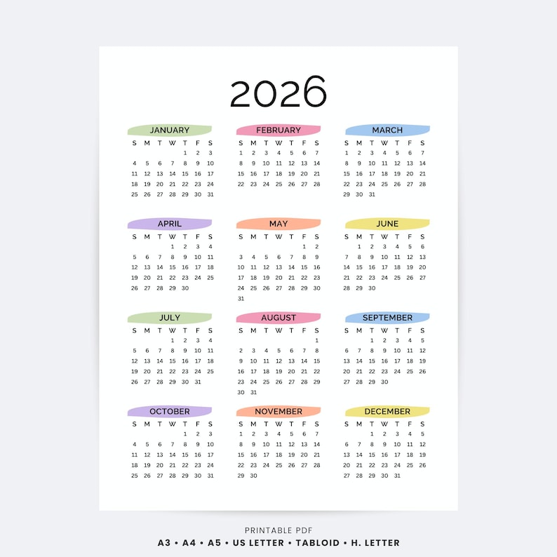 2026 Yearly Calendar Printable One Page | Full Year at a Glance