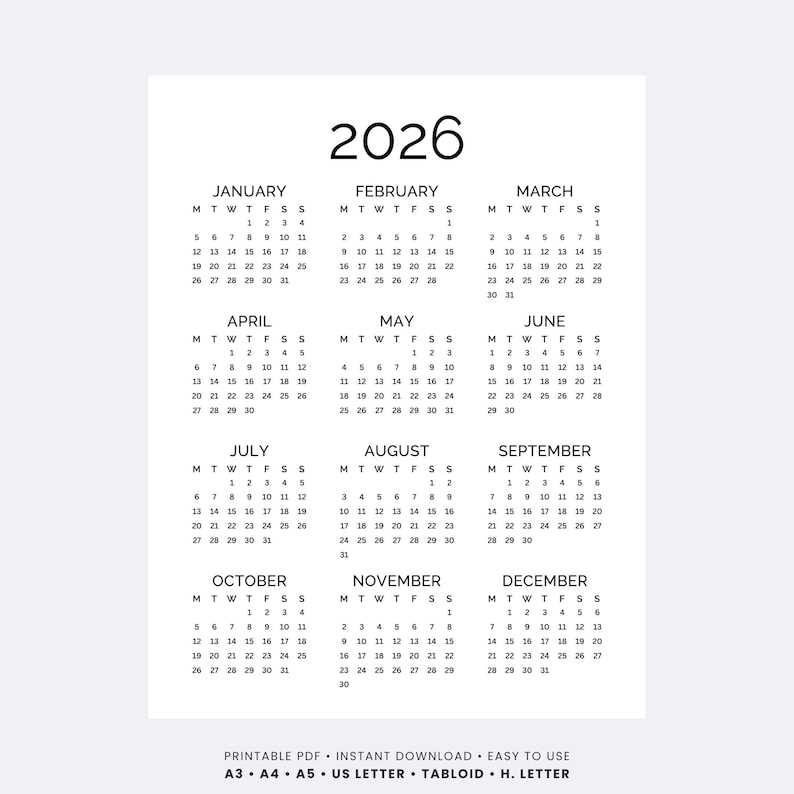 2026 Yearly Calendar Printable One Page | Full Year at a Glance ...