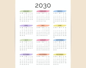 2030 Yearly Calendar Printable One Page | Minimalist Full Year at a Glance (PDF Download)